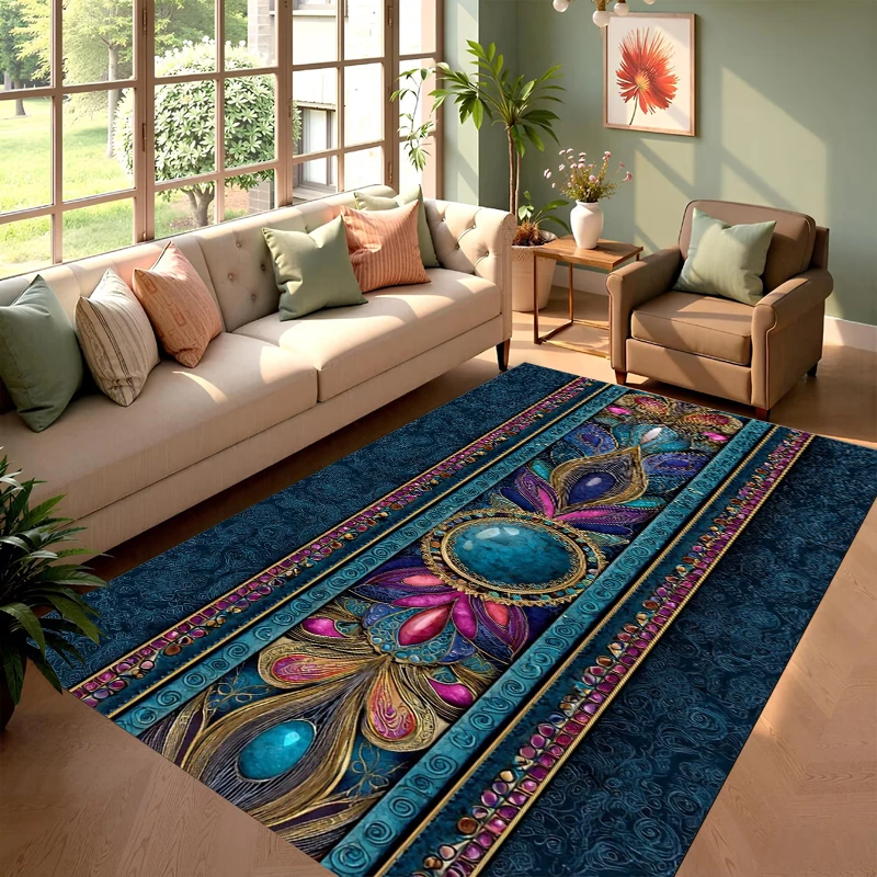 Peacock Feather Pattern Carpet Mat Rug Home Decoration Vintage Luxury Gemstone Blue Green Color Floor Decor Living Room