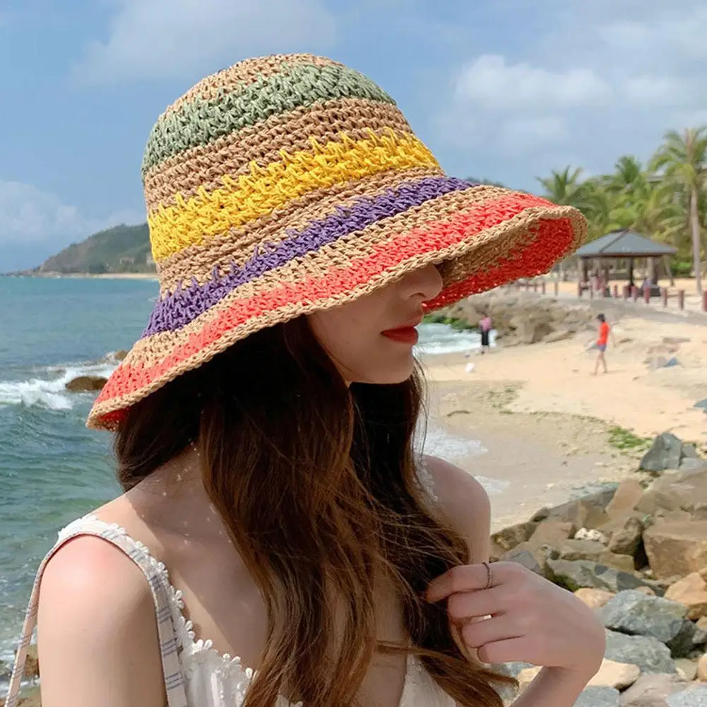 New Popular Summer Beach Bucket Hat Cap For Women Crochet Straw Rainbow Spring Fish Hat Outdoor Female Lady Gift Wholesales