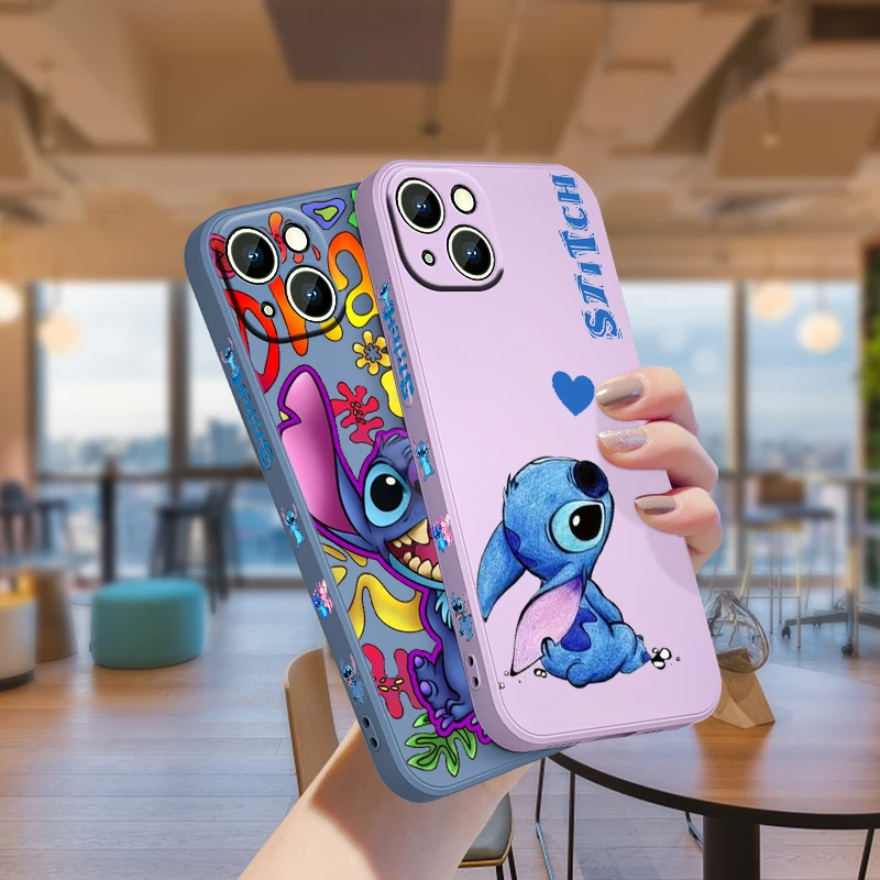 Baby Stitch Cartoon For Apple iPhone 15 14 13 12 Mini 11 Pro XS MAX XR X 8 7 6S Plus Liquid Left Rope Phone Case Funda Capa