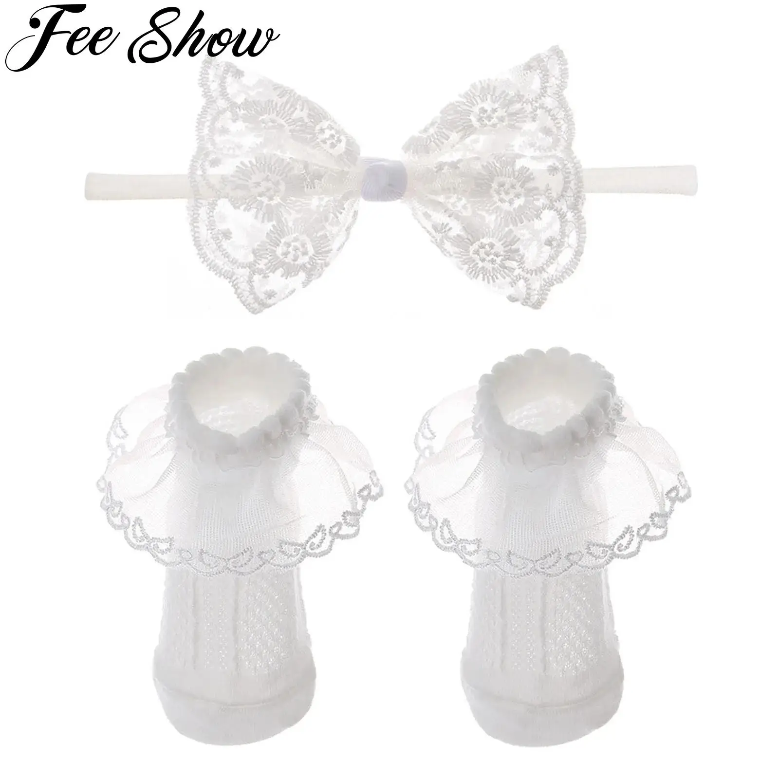 

Newborn Baby Girls Photography Props Accessories Infant Cute Lace Bow Headband with Ruffle Cotton Socks for Baptism Baby Shower
