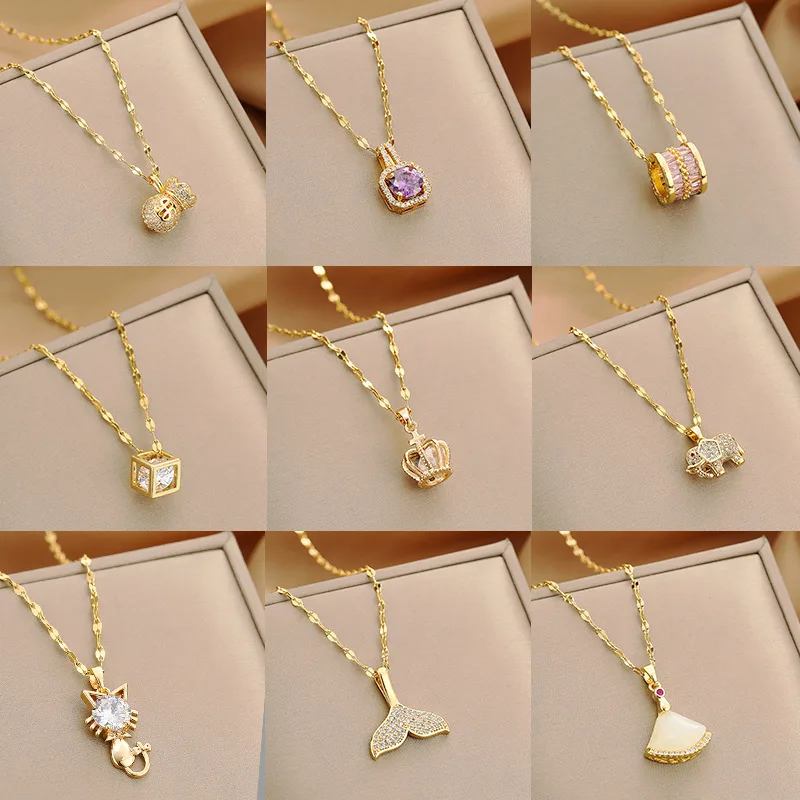 

Gold Color Luxury Tarnish-Resistant Titanium Steel Necklace for Women Zircon Pendant Necklace Jewelry Accessories