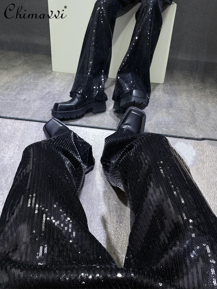 Heavy Sequined Black Casual Pants Men's 2025 Spring and Autumn New Fashion Sparkling Stage Handsome High-end Micro-flared Pants