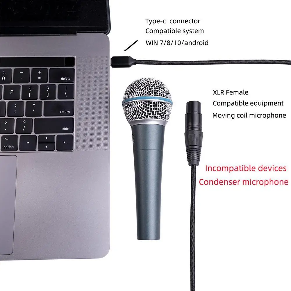 USB C/Type-C to XLR 3 Pin Microphone Audio Cable Replacement Male to Female Mic Adapter Cord Microphone Accessories