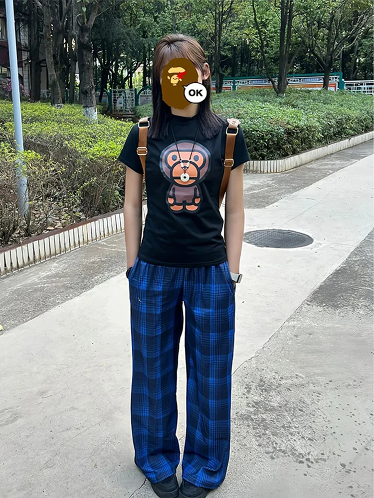 Deep Blue Plaid Straight Leg Casual Pants Unisex Summer Wide Leg Loose Lazy Style Trousers with Patchwork Waist Belt