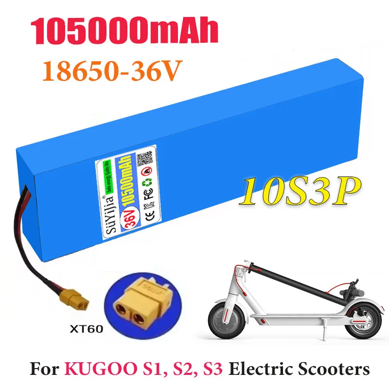 

36V 10S3P 10500mAh 18650 Rechargeable Lithium-ion Battery 2000W Built-in BMS Suitable for KUGOO S1, S2, S3 Electric Scooters