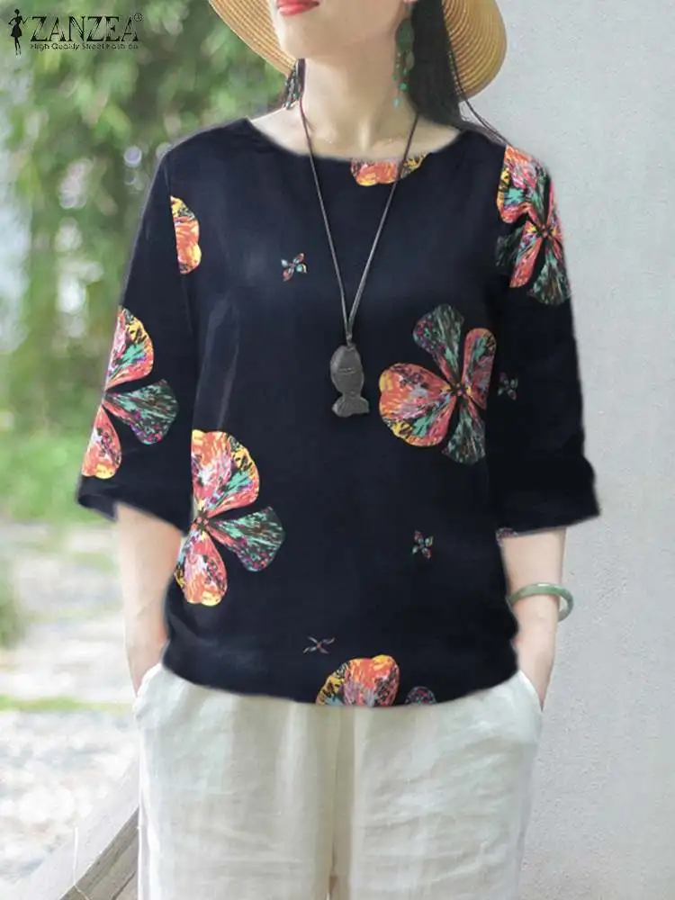 ZANZEA Women Retro 3/4 Sleeve Blouse Vintage Summer Floral Print Tops Holiday Tunic Korean Round Neck Shirt Casual Loose Blusas