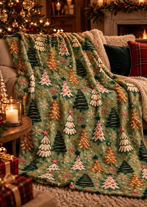 Christmas Tree Blanket, Sage Green Holiday Throw, Blanket