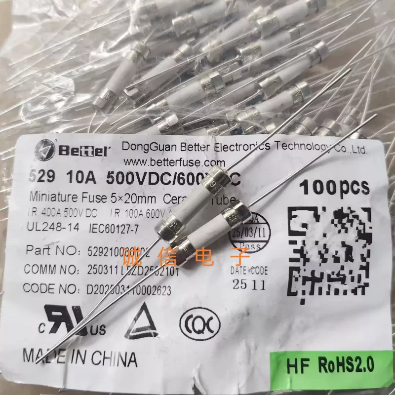 5-100pcs Better Bet 529 10A 500V DC 600V AC 5 * 20 ceramic fuse tube with pin wire