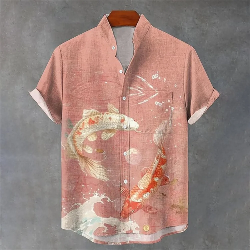 قميص كارديجان بياقة واقفة للرجال مطبوع عليه سلحفاة هاواي كاجوال من الكتان المسامي موضة الشارع مقاس كبير مع جيب #2