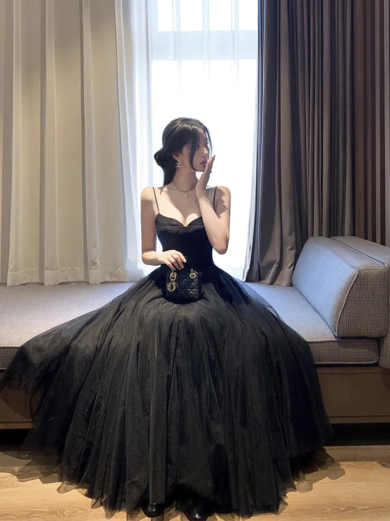 

Ele Bla Me Skirt Long Gown with Strap High Waist Design Princ Sle Slimming Effect Heavy Embroidery A-Line Dr