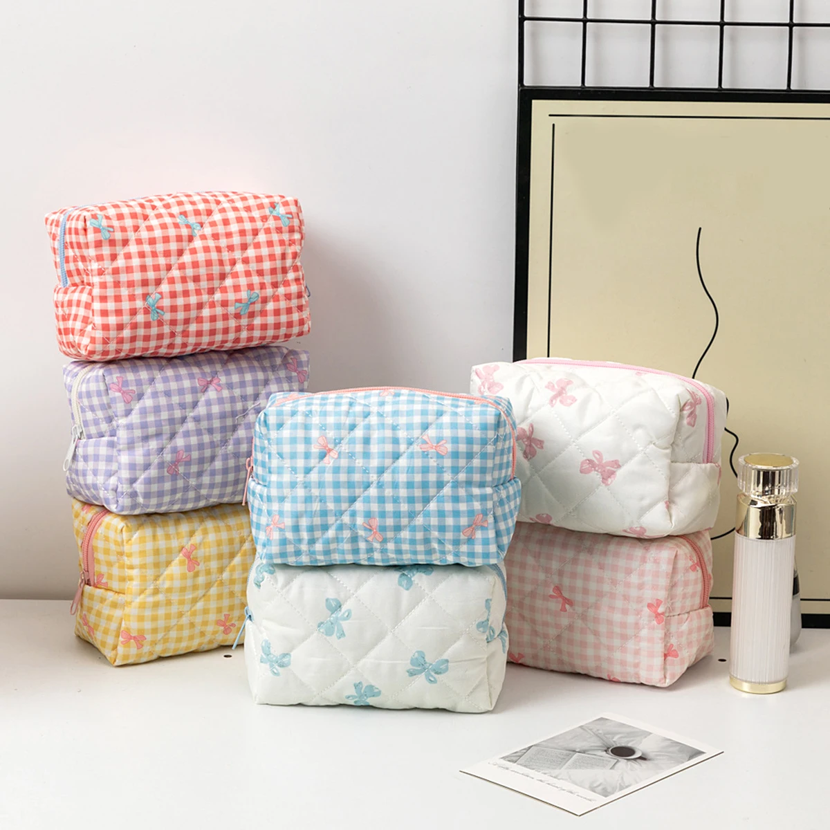 1 estuche para lápices con lazo a cuadros, estuche para lápices portátil para estudiantes, elegante bolsa de almacenamiento de papelería para útiles escolares, almacenamiento de artículos de escritorio