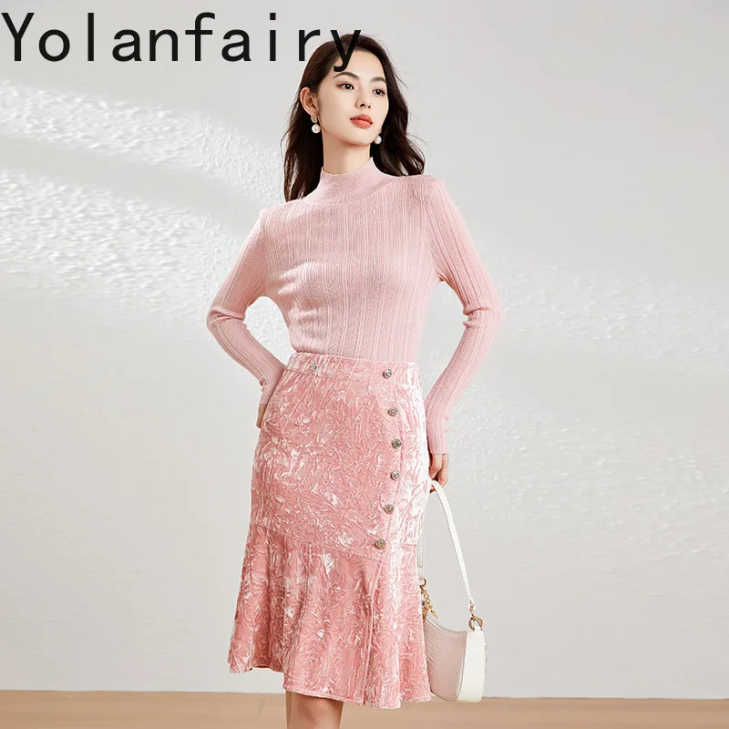 YOLANFAIRY Gonne eleganti per donna Autunno Inverno Gonna di velluto di fascia alta Stile coreano Vita alta Midi Gonna avvolgente rosa Abbigliamento da strada