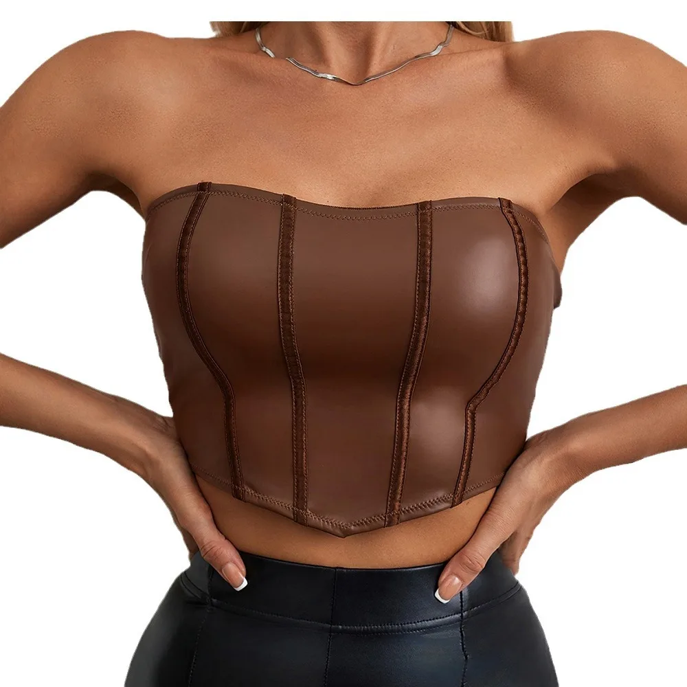 Modieuze Pu Lederen Bustier Met Siliconen Anti-Slip Strapless En Rug Rits Corset Top Crop Top Vrouwen Strapless Top