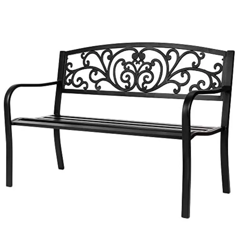 Outdoor Bench for Patio Metal Garden Bench w/PVC Back Pattern, Black Park Benches Front Porch Benches for Yard Lawn Decor Deck