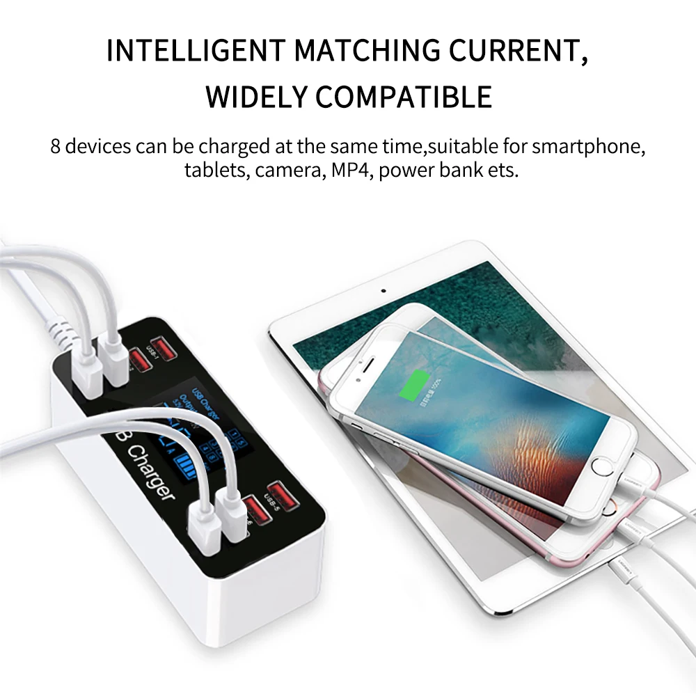 USB Charger Station Quick Charger 3.0 Smart LED Digital display 40W 8-port Multi USB Type C PD Charger Fast Charging Station HUB