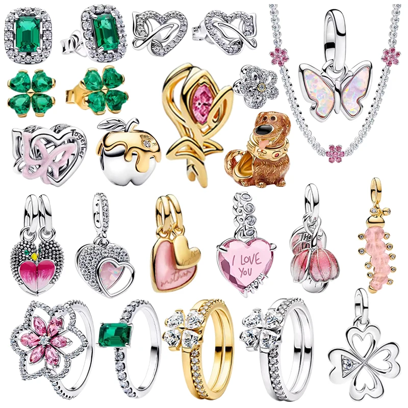 2026 New 925 Sterling Silver Four Leaf Clover Flower Dog Heart Pendant Bead fit DIY Women's Bracelets Necklaces Jewelry Gifts