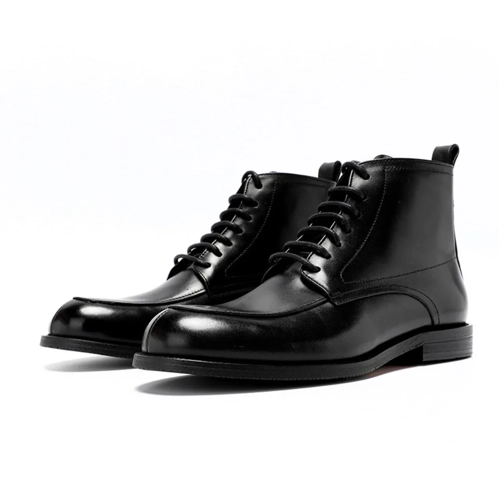 New Mens Top Layer Cowhide Short Boots Genuine Leather Business Casual High Top Pointy Toe Lace Up British Style Boots