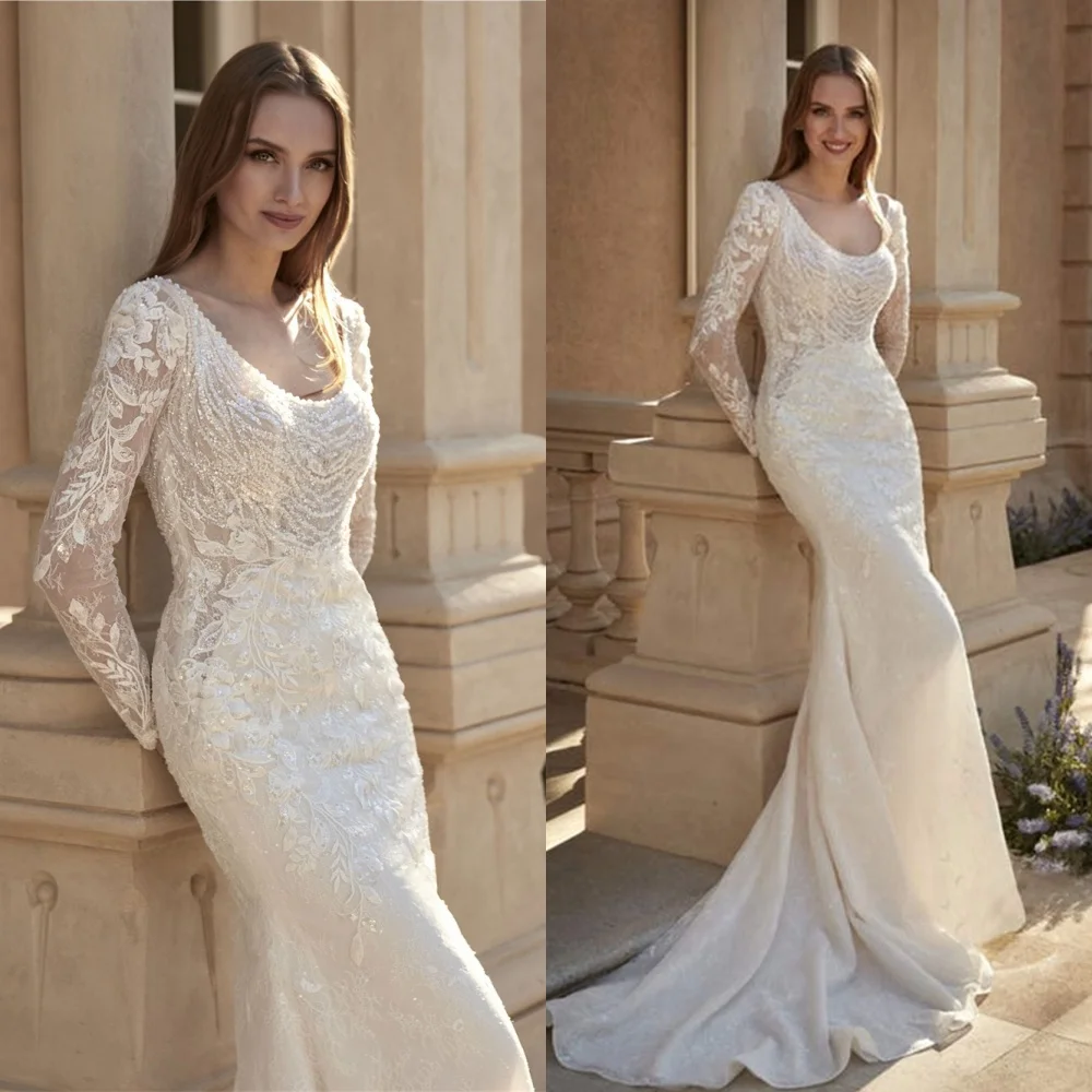 Abito da sposa in jersey bianco squisito personalizzato Temperamento Colletto quadrato Maniche lunghe Abiti da sposa sexy senza schienale per festa nuziale