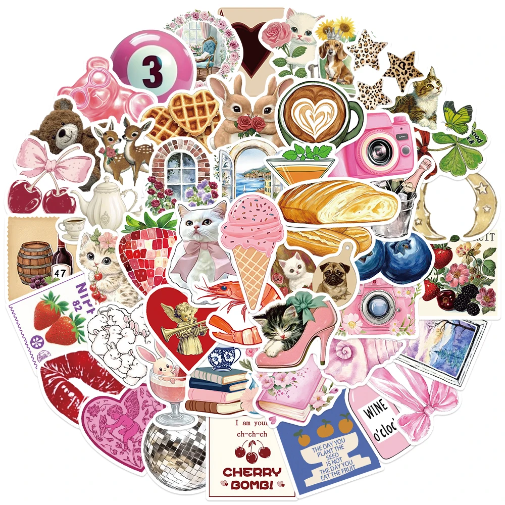 50pcs Aesthetic Pinterest Stickers Cartoon Rabbit Cats Decal DIY Handbook Journal Phone Luggage Stationery Decorative Stickers