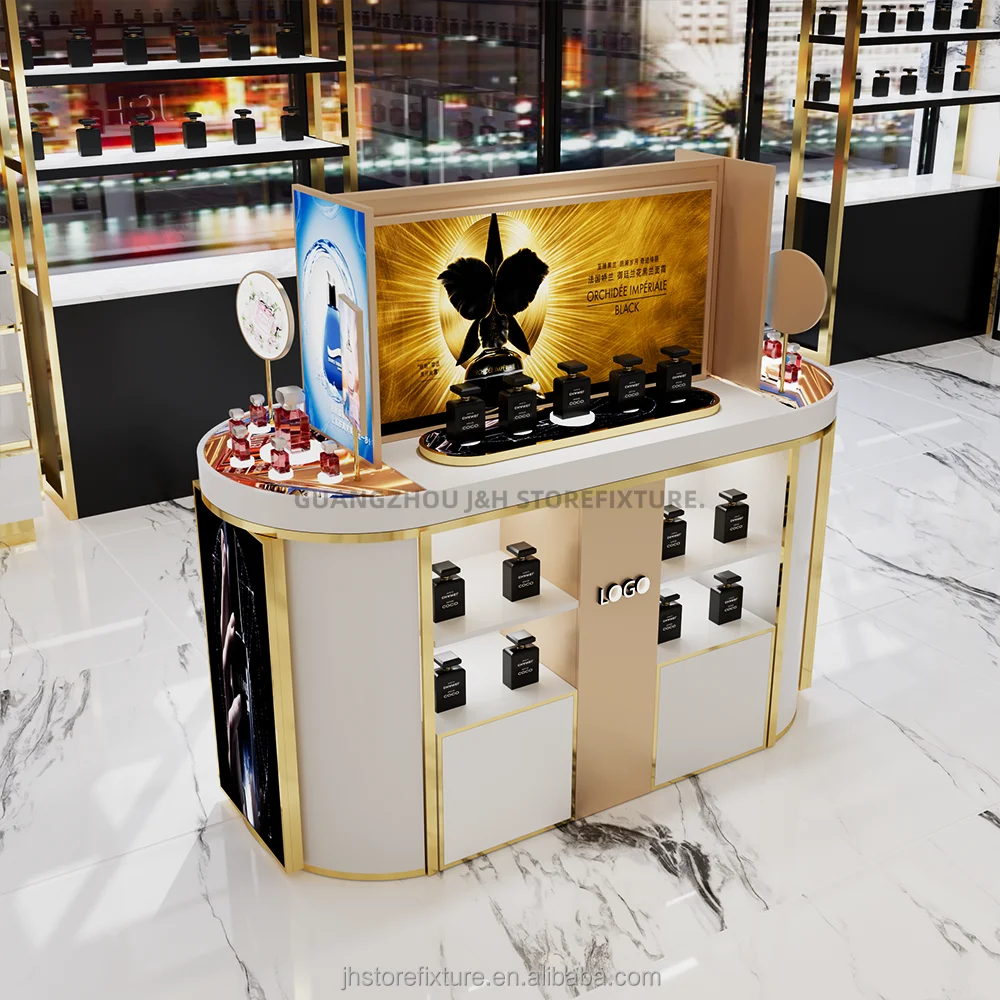 ออกแบบตกแต่งตู้โชว์น้ำหอมแบบคีออสก์ ตู้เคาน์เตอร์ไม้แบบกำหนดเอง ชั้นวางน้ำหอม
