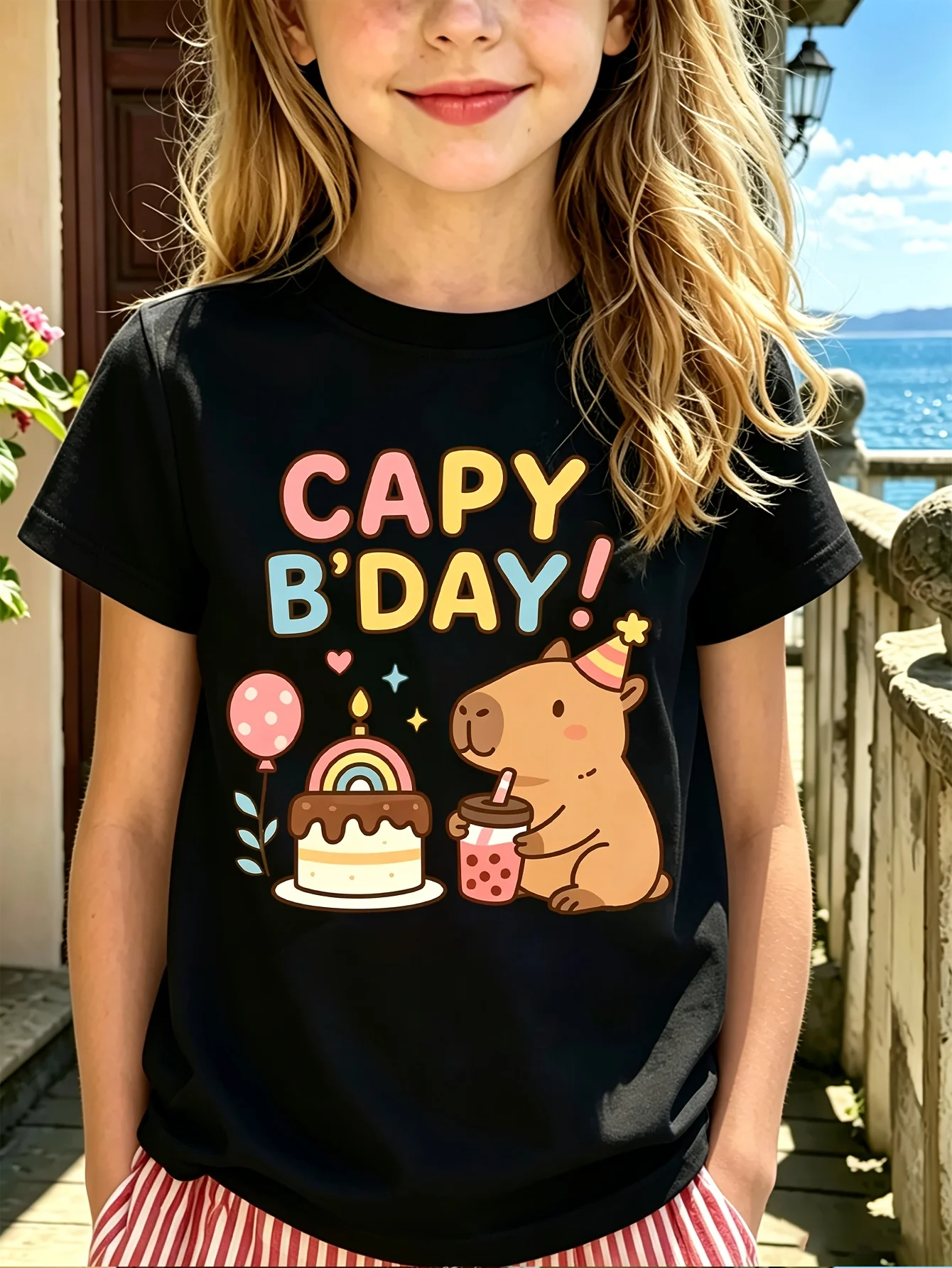 Kids Family Matching T Shirt Capybara Capy Bday Cake Balloon Print Short Sleeve Cotton Tops For Boys Girls Daily Casual Outfit