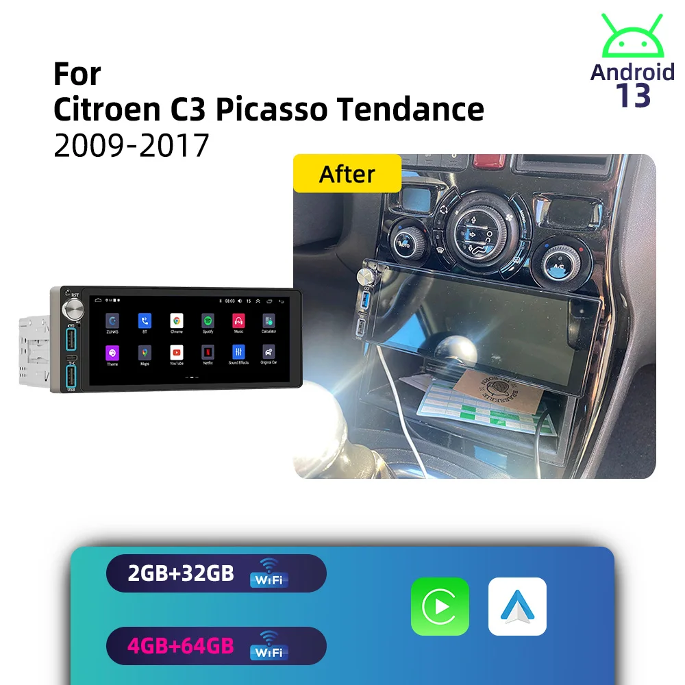 Carplay Android for Citroen C3 Picasso Tendance 2009-2017 1Din Car Stereo GPS Navigation Multimedia Autoradio Radio Head Unit