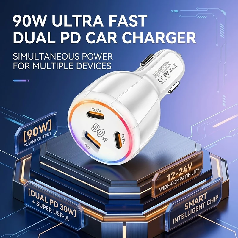 90W 3 Ports Car Charger Adapter Type C PD30W & USB A Fast Charging with Multicolor LED Ring Light For 12-24V Vehicles For iPhone
