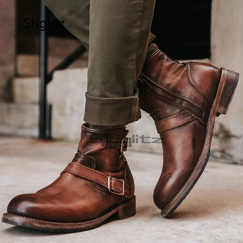 Retro Genuine Leather Cowboy Boots for Men Strappy Buckle Men\'s Shoes Zipper Handmade Outdoors Worker Knight Ankle Boots Men