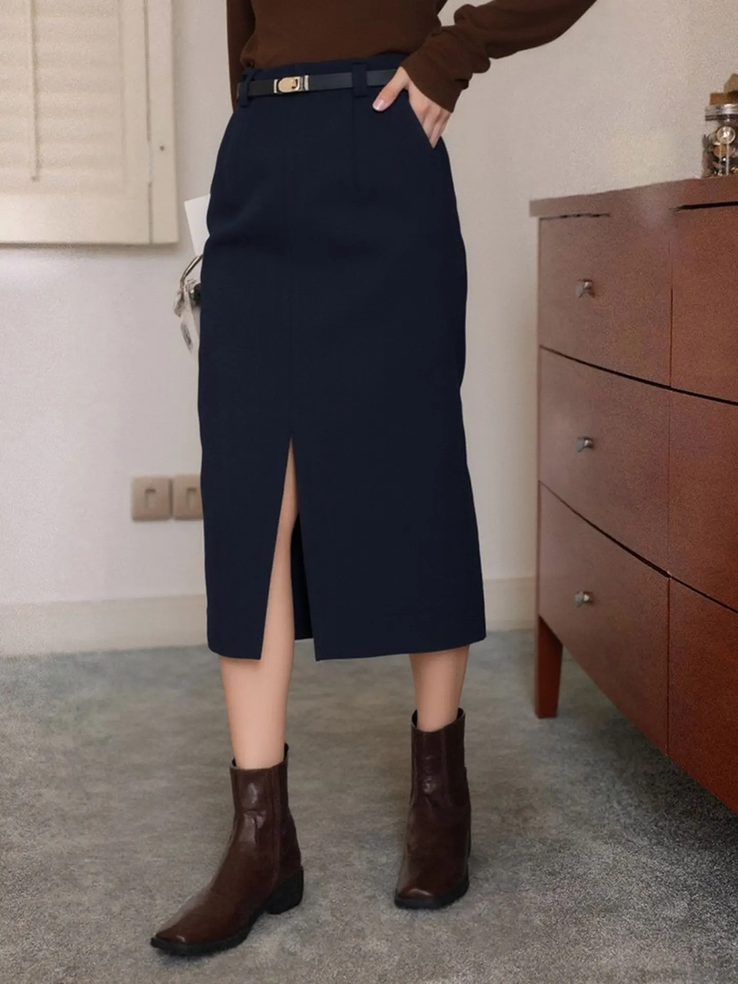 

Юбка А-силуэта средней длины с разрезом, высокая талия, корейский стиль, для офиса, весенняя мода, женская, большие размеры, цветная