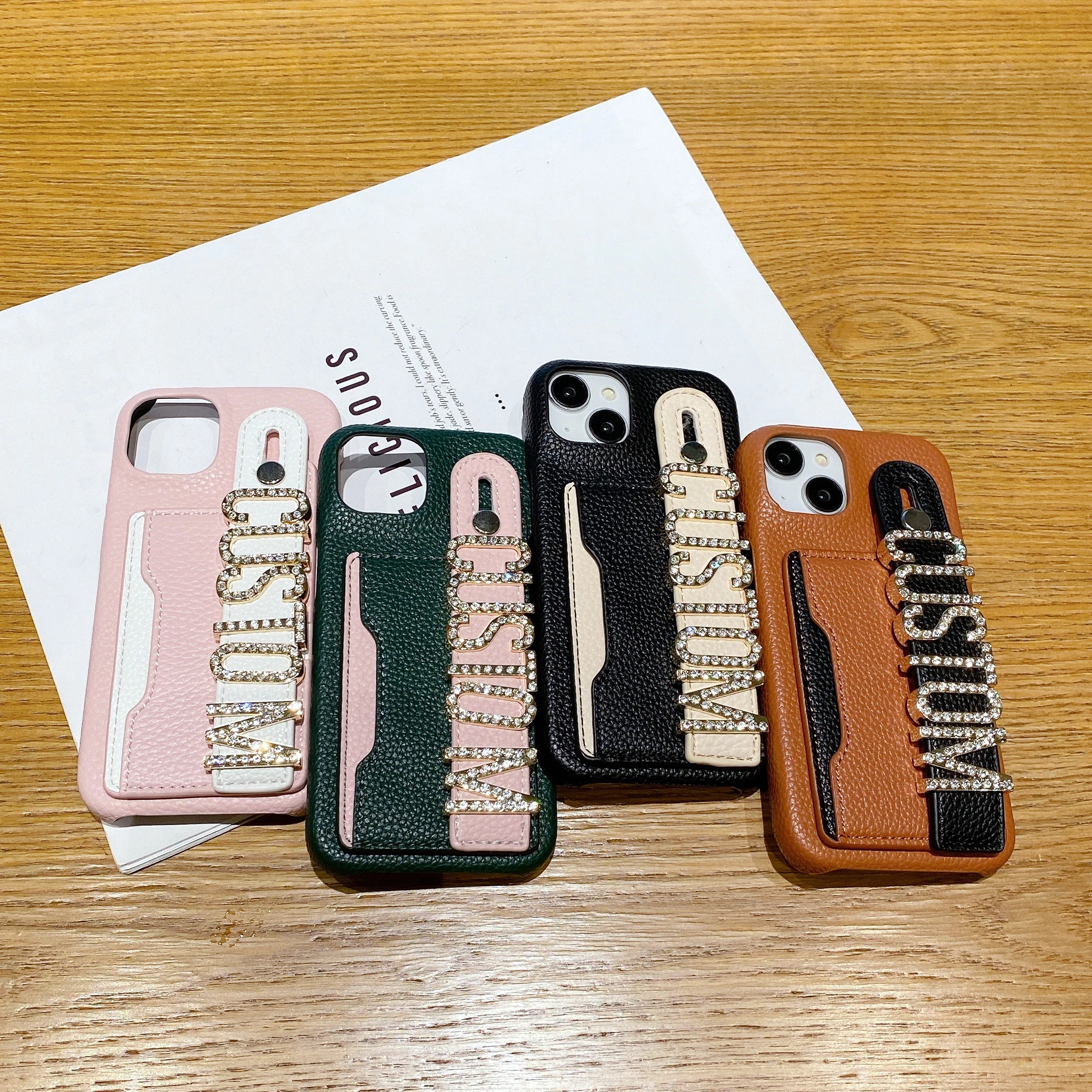 Personalized Letter Name Leather Phone Case For iPhone16 15 14 13 12 11ProMax 16Plus Customized Wristband CardHolder
