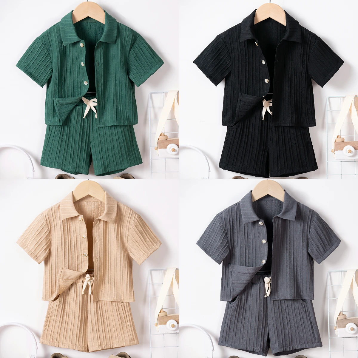 2024 Summer New Suit Lapel Single-breasted Short-sleeved Top + Loose Shorts 2pcs Solid Colour Daily Handsome Comfortabl