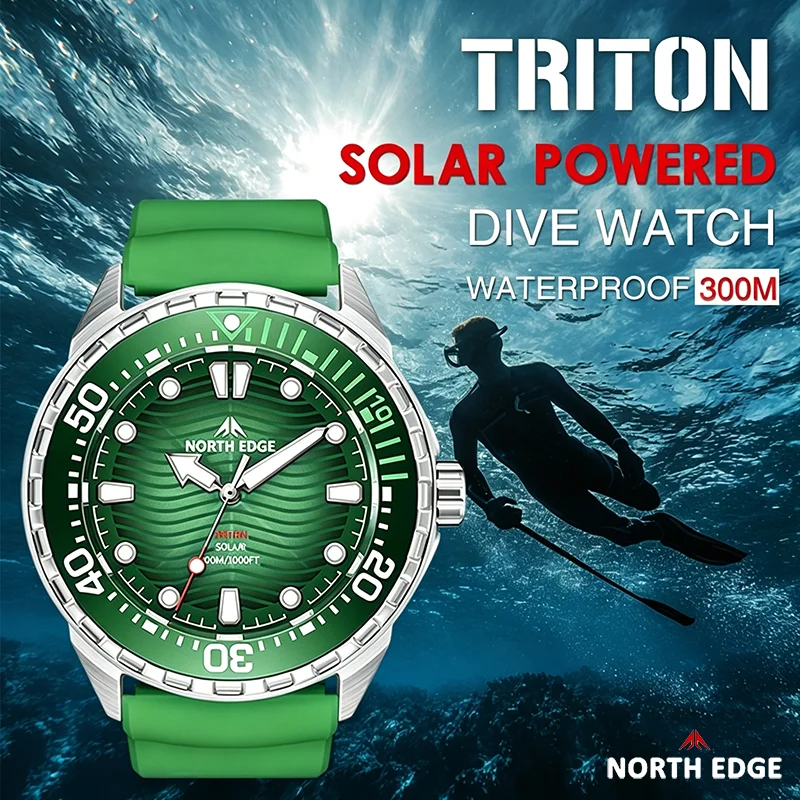 2026 New NORTH EDGE TRITON Solar Powered Dive Watch for Men Luxury Quartz Wristwatch 316L Stainless Steel Case 300M Waterproof view 5