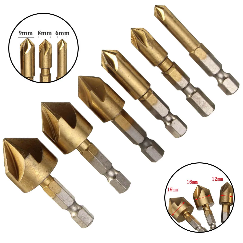 1pc 6-19mm Countersink Drill Bit 1/4Inch Hex Shank Five Flute Chamfering Tool For Woodworking Hole Opener