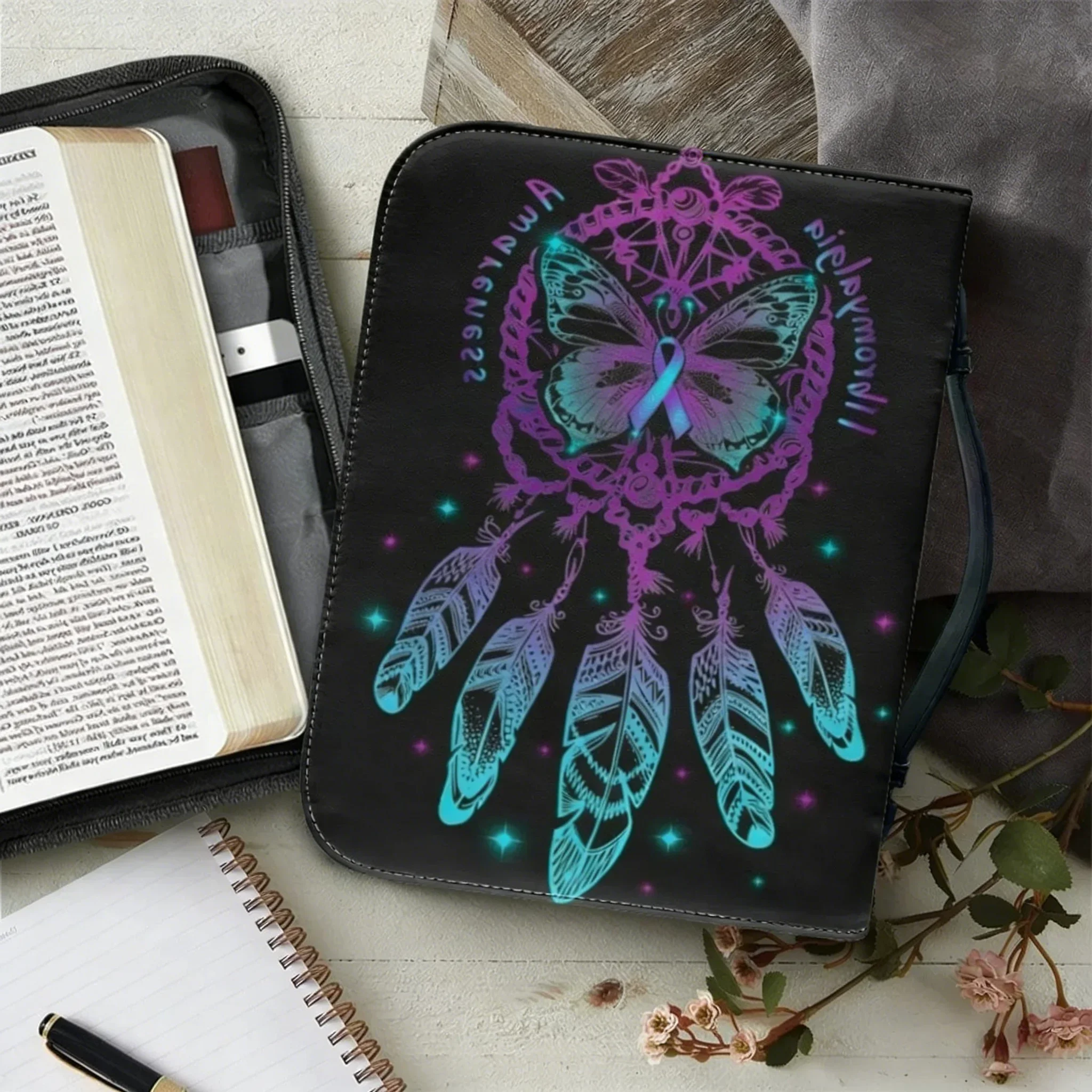 Fashion Colorful Wind Chime Pattern Print Leather Handbags for Women Custom Bible Cover Case Zippered Handle Bible Storage Bags