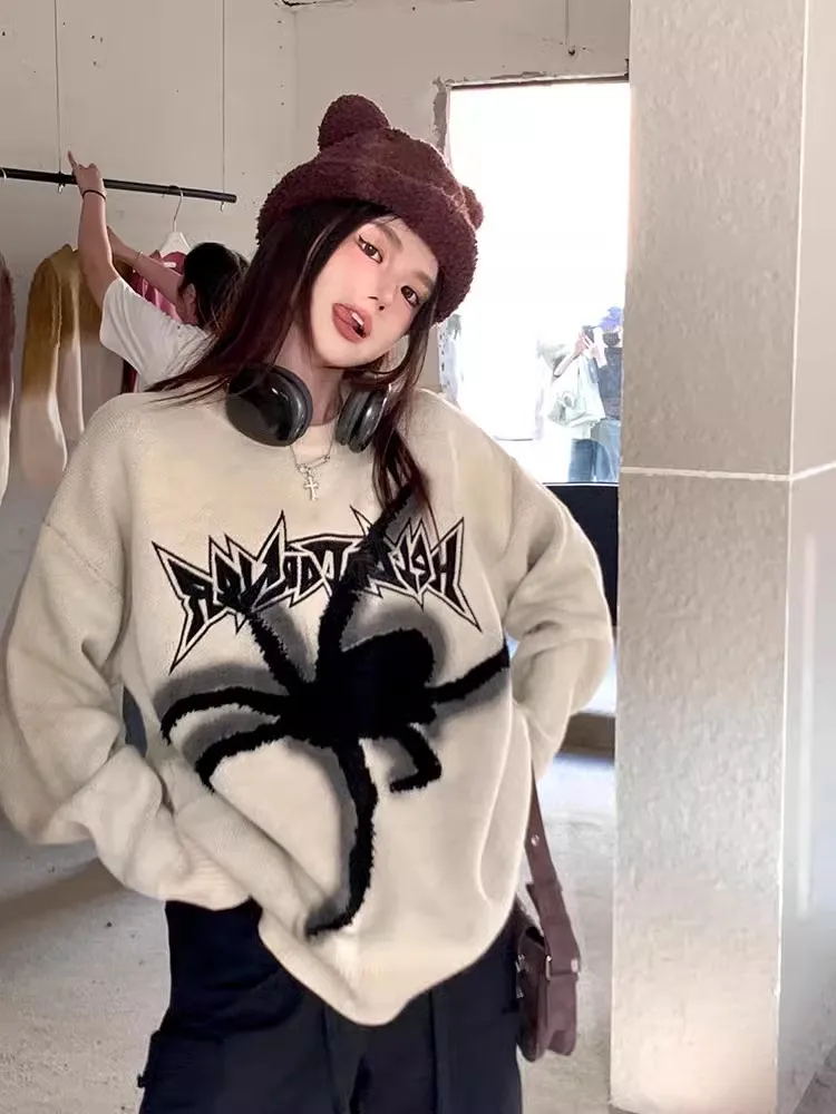 

Свитер с вышивкой паука в уличном стиле, свободный крой, унисекс, осенне-зимний вязаный топ для пар, милый стиль, китайский тренд