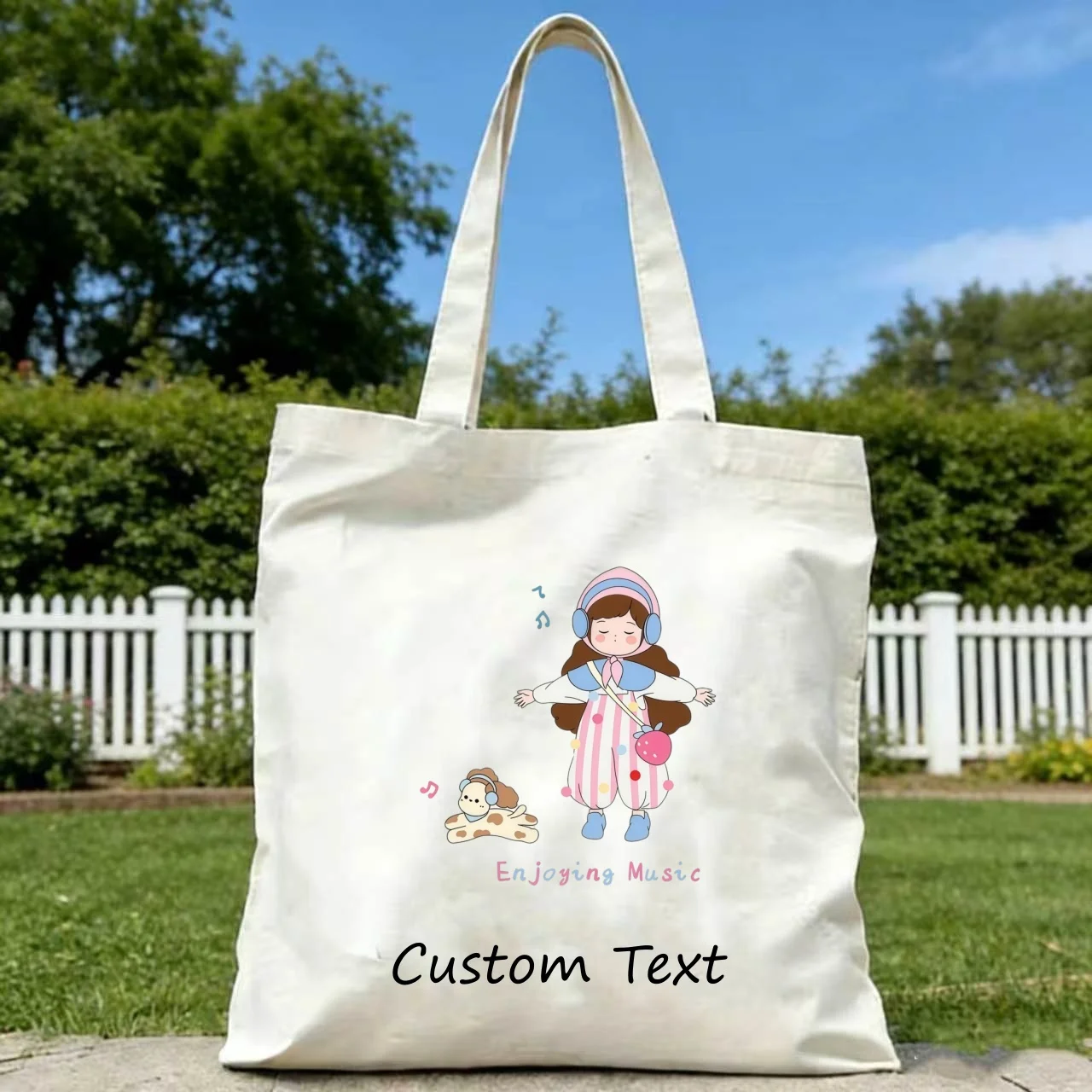 1PC Custom Canvas Tote Bag Cute Girl Puppy Enjoying Music Print Custom Text Eco Reusable Shopping Shoulder Handbag