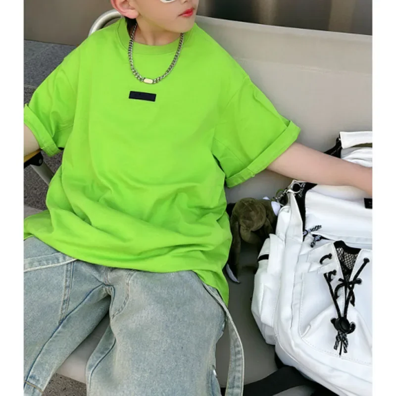 

2024 Summer New Boys Casual Korean Pullovers Crew Neck Printed Letter Fashion Trendy Loose Short Sleeve Colorful T-shirt Tops