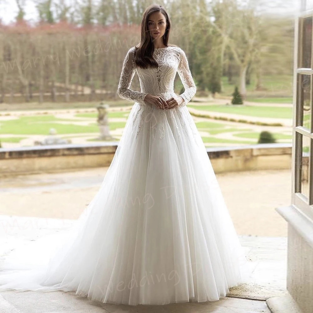 Fascinante vestido De novia De línea A para mujer, elegante vestido De novia moderno con Apliques De encaje, cuello redondo clásico, manga larga