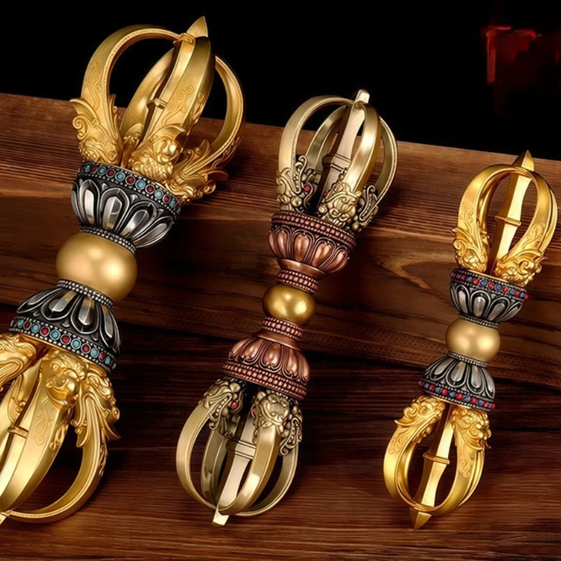 Nepal Brass Vajra Sculpture Tibetan Feng Shui Office Decor Hand-Carved Dorje Artifact for Wealth Attraction Home Protection