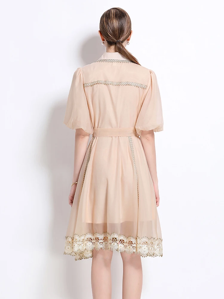 Vintage Women Lace patchwork shirt dress 2025 Summer Luxury Short puff sleeve Mini dresses with sashes Ladies Beach INKEO 5D182