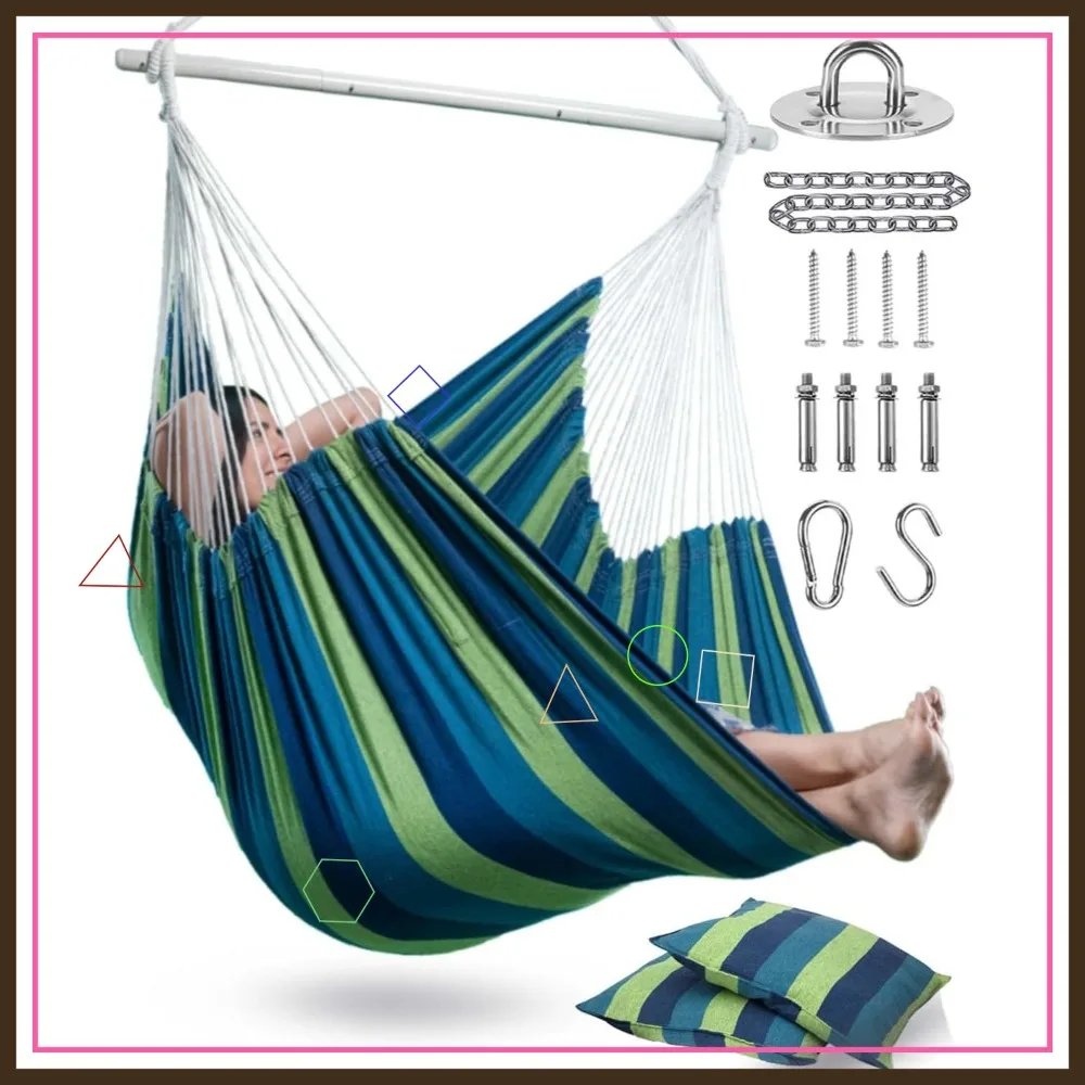 

XXL Hammock Chair Hanging Rope Swing with 2 Cushions - Max 500lbs for Patio, Porch, Bedroom, Backyard