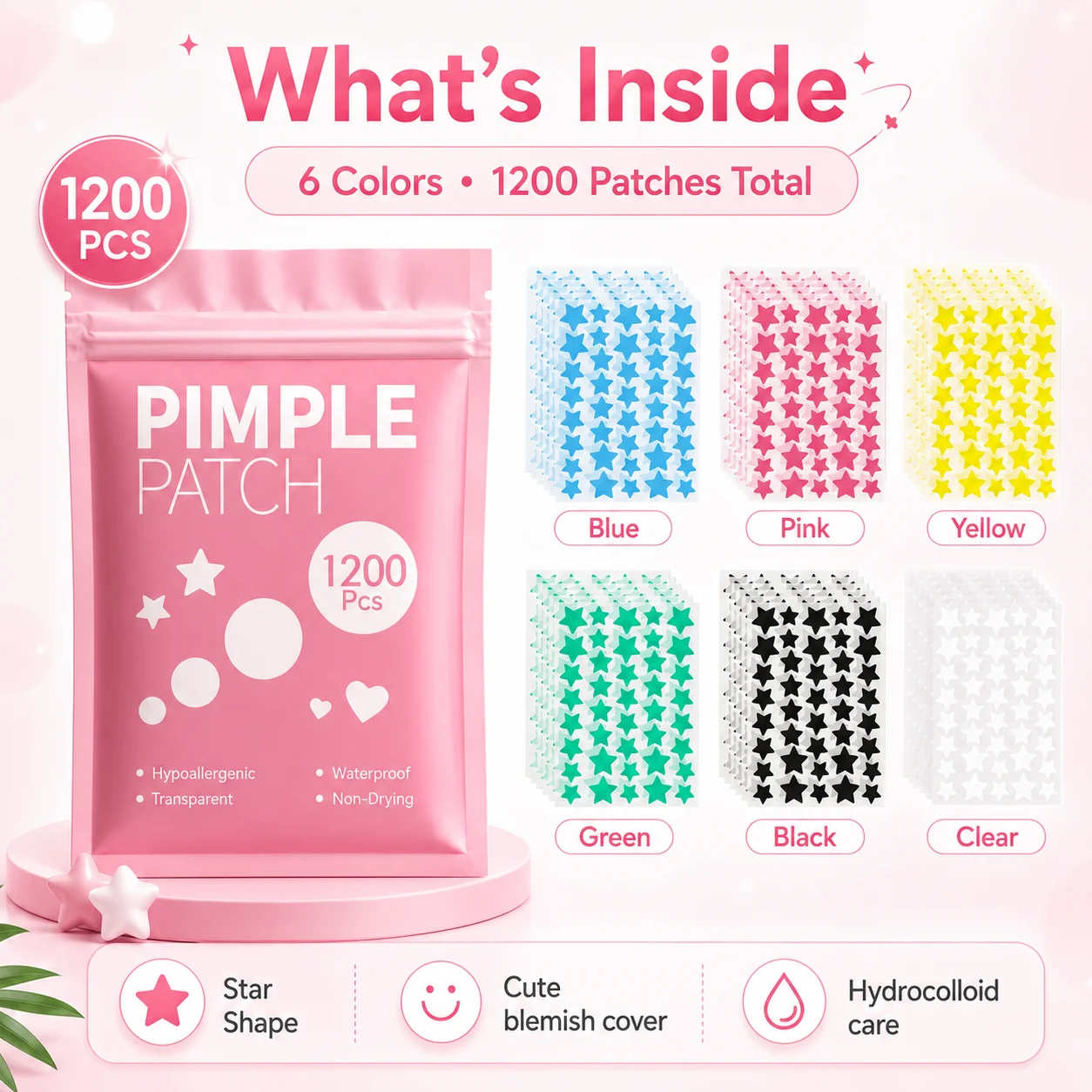 1200pcs Star Pimple Patches For Face Hydrocolloid, Absorbing Cover, Tea Tree, Hydrocolloid Acne Patch, Cute Star Pimple Patch