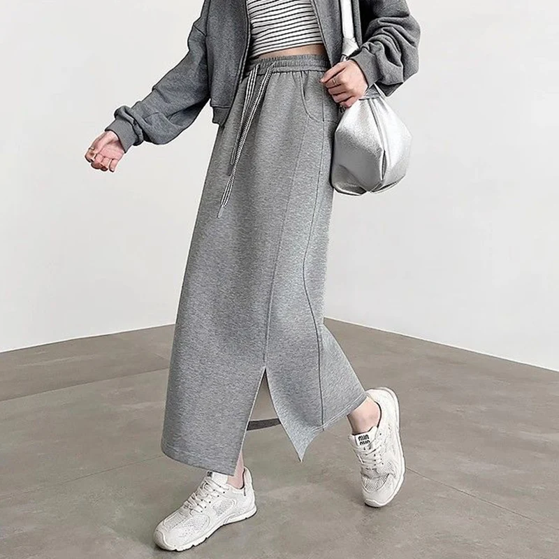 여름 여성용 편안한 미디롱 스커트 여성 클래식 한국 스타일 하이웨이스트 스커트 여성 시크 패션 솔리드 얇은 드레스