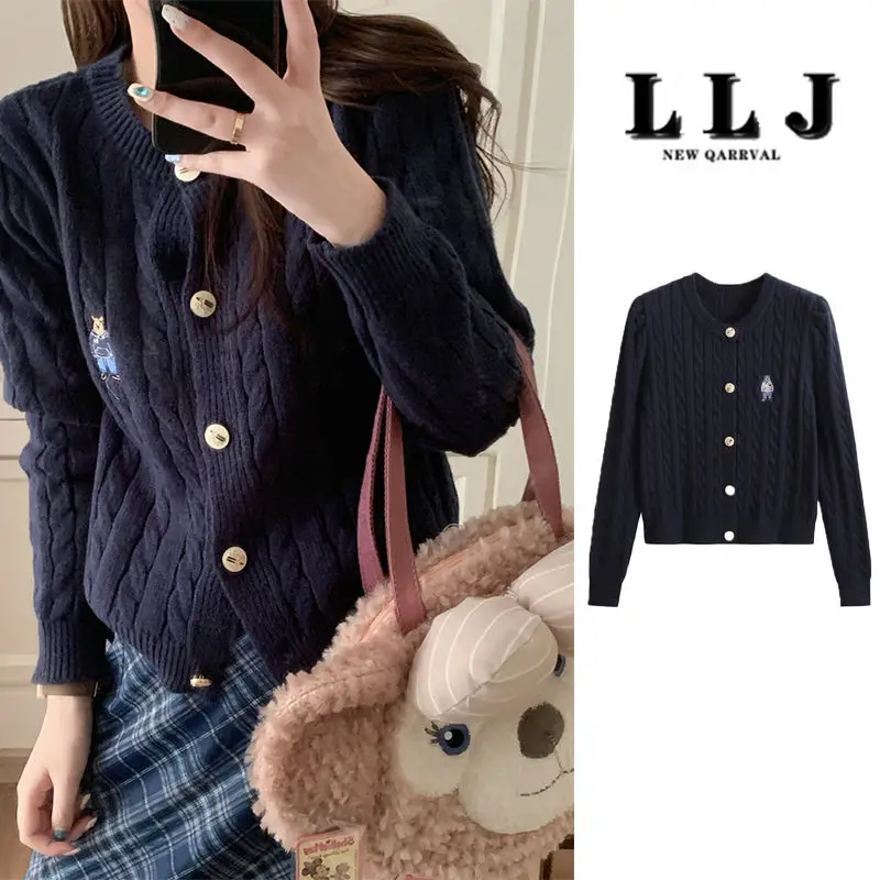 Deeptown Vintage Kawaii Knit Cardigan Women Preppy Korean Fashion Autumn Sweater Aesthetic Embroidery Old Money Style Jumper