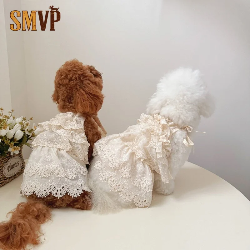 Cream Lace Tiered Pet Sling Dress Multi-Layer Frilly Hollow Lace Ruffle Hem Soft Airy Cotton Fabric Elegant Daily Pet Costume
