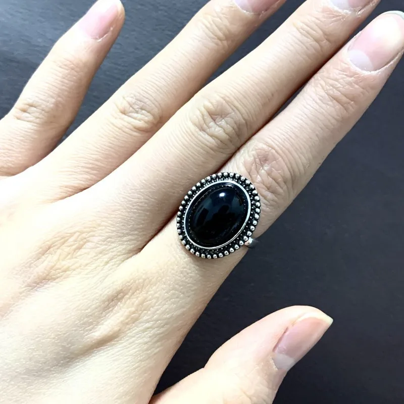 Boho Dark Black Ring Exaggerated Round Agate Stone Anniversary Birthday Gift For Female Luxurious Jewelry For Evening Party