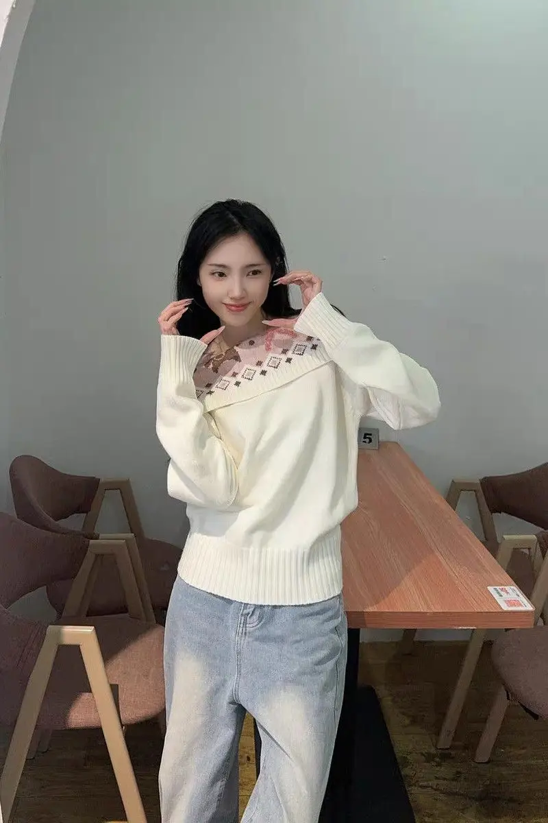 

Gagaok пуловер с цветными блоками, женский свитер с открытыми плечами и разрезом на шее, женский осенне-зимний свитер с ромбовидной сеткой, милый Sueter Mujer