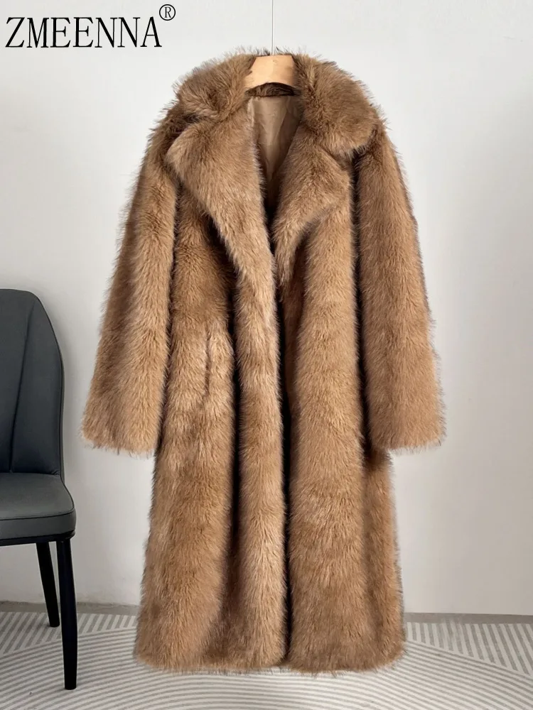 ZMEENNA Womens Long Faux Fur Coat Lapel Collar Open Front Oversized Winter Warm Outerwear Stylish Soft Fluffy Fashion ZM4366