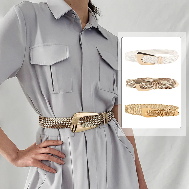 Fashion Bohemian Summer Wide Braided Belts PP Straw Waist Belt Waistband Straw Woven Belt Irregular Metal Buckle Handmade Casual