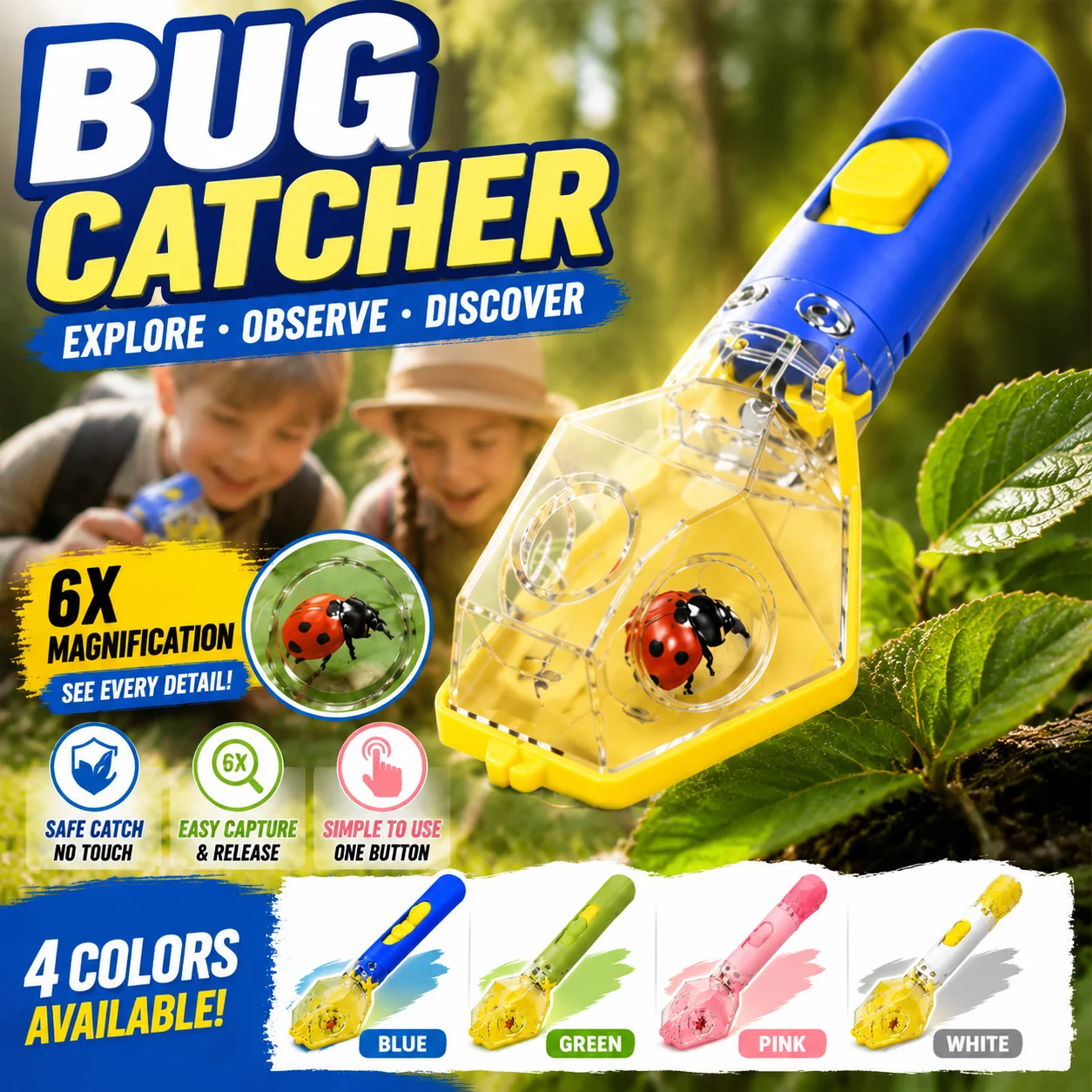 Outil d'observation portable des insectes pour enfants, jouet d'exploration scientifique avec fenêtre grossissante transparente pour attraper et libérer les insectes